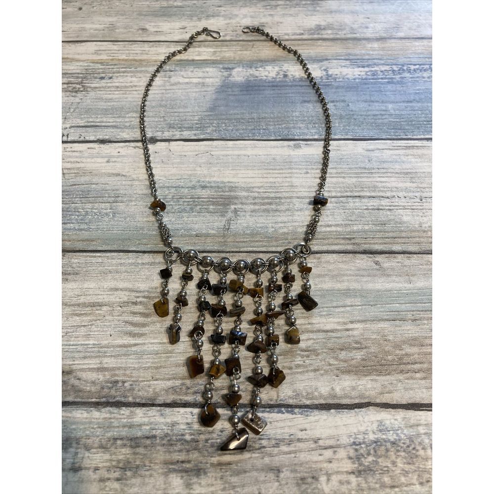 Tiger Eye Waterfall Necklace Silver Tone Chain Hook Clasp 18" estate